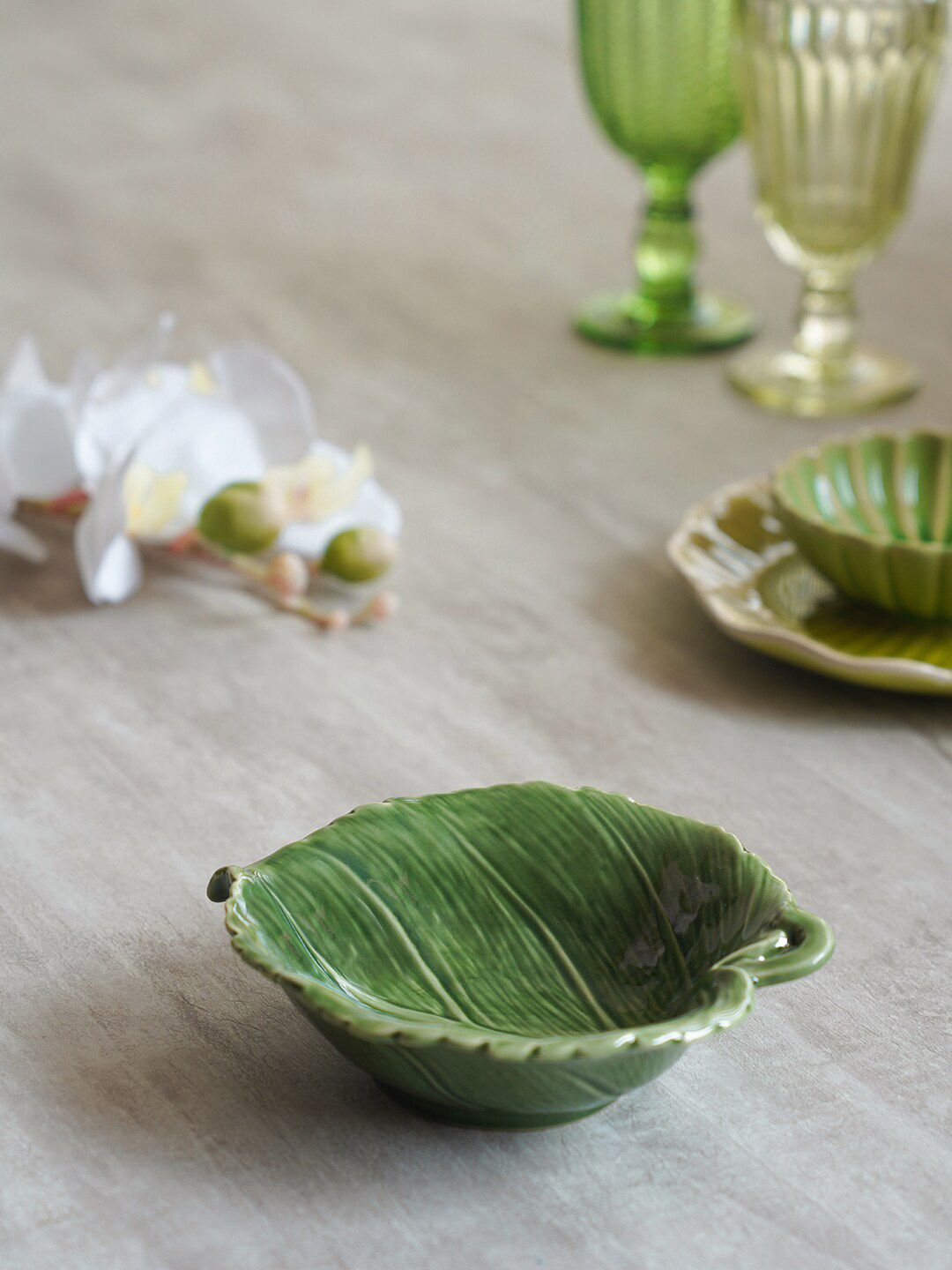Pure Home and Living Green Textured Leaf Serving Bowl Price in India