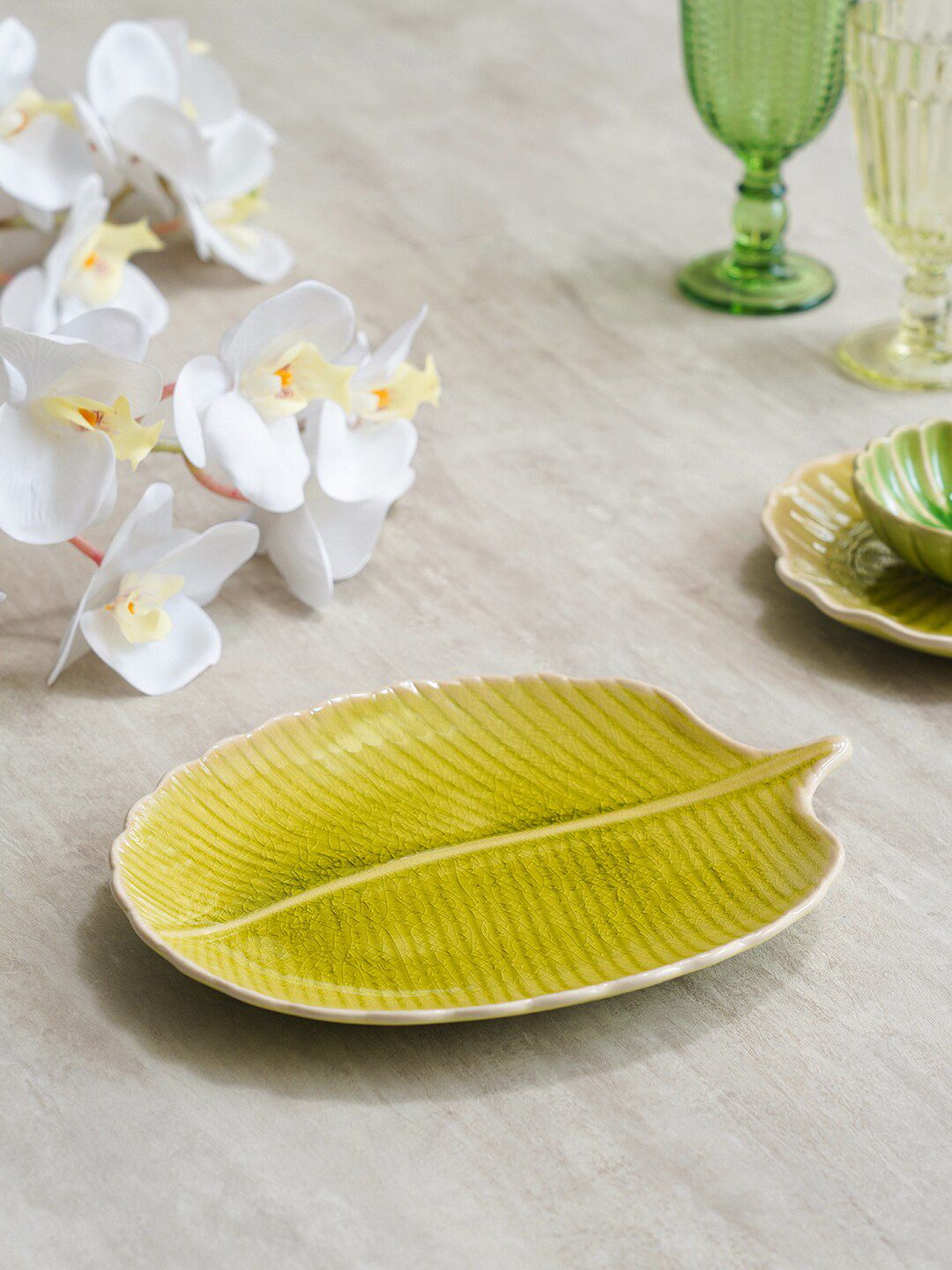 Pure Home and Living  Green Ceramic Leaf plate Price in India