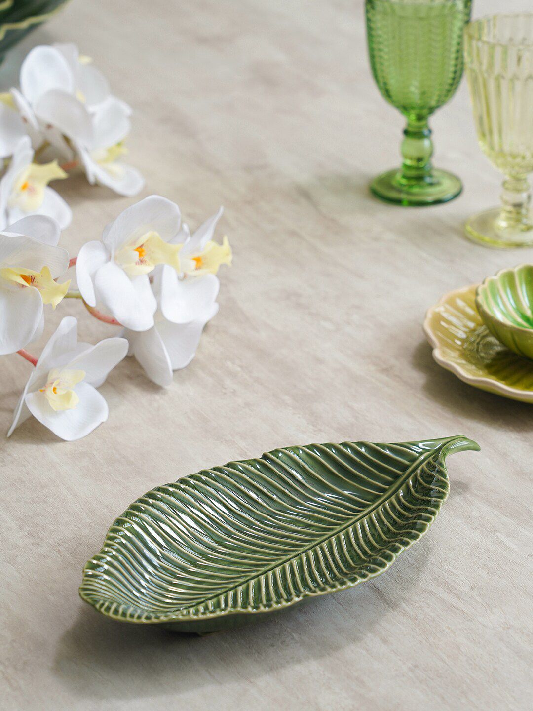 Pure Home and Living Green Ceramic Leaf Shaped Serving Platter Price in India