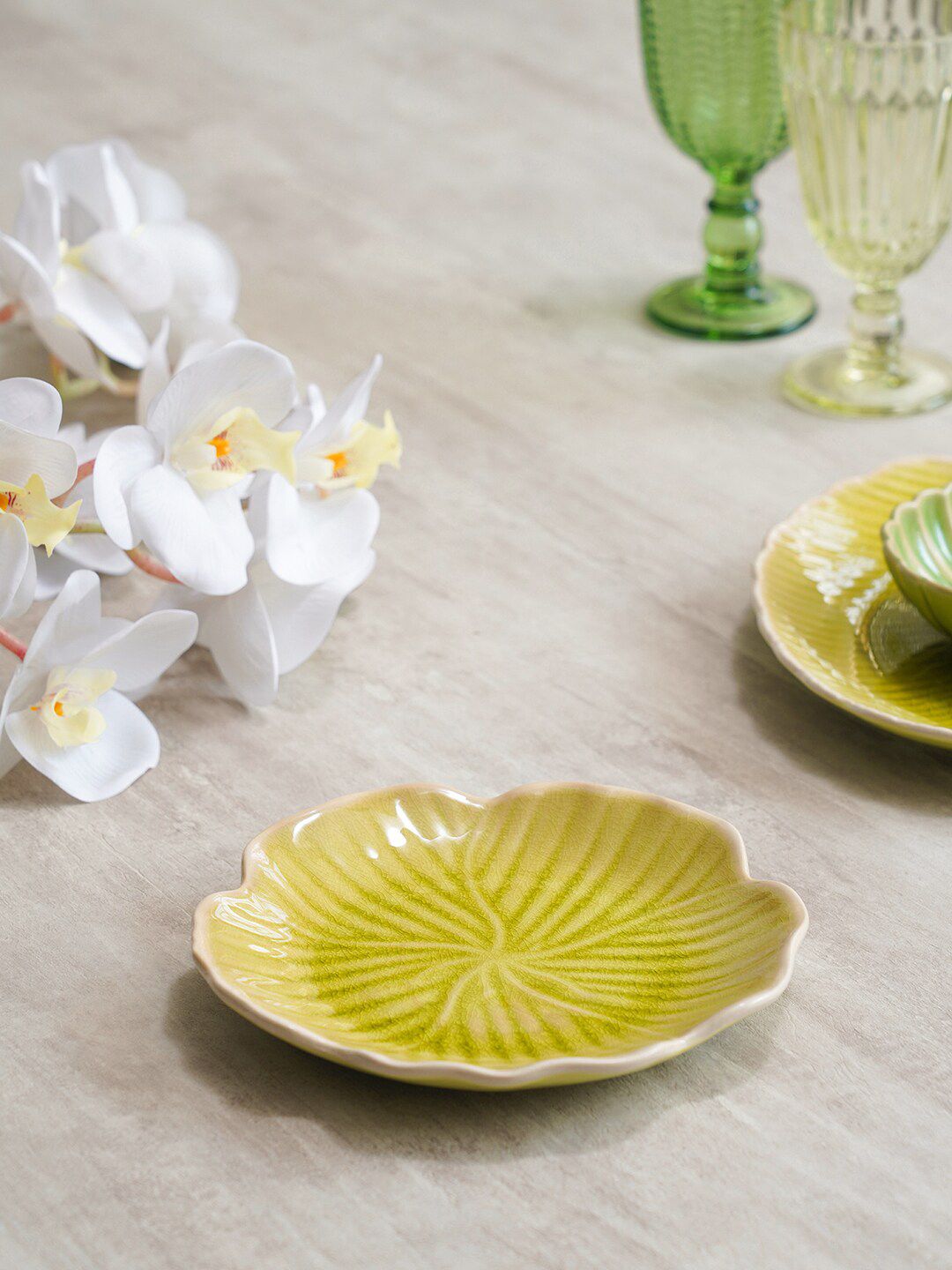 Pure Home and Living Green Textured Ceramic Leaf plate Price in India