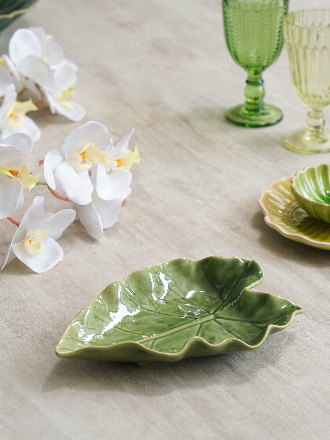 Pure Home and Living Green Ceramic Leaf Platter Price in India