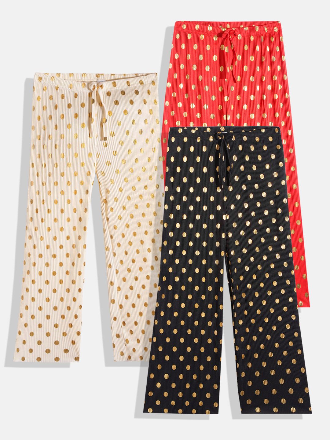 MANZON Girls Pack of 3 Polka Dot Printed Accordion Pleated Palazzos