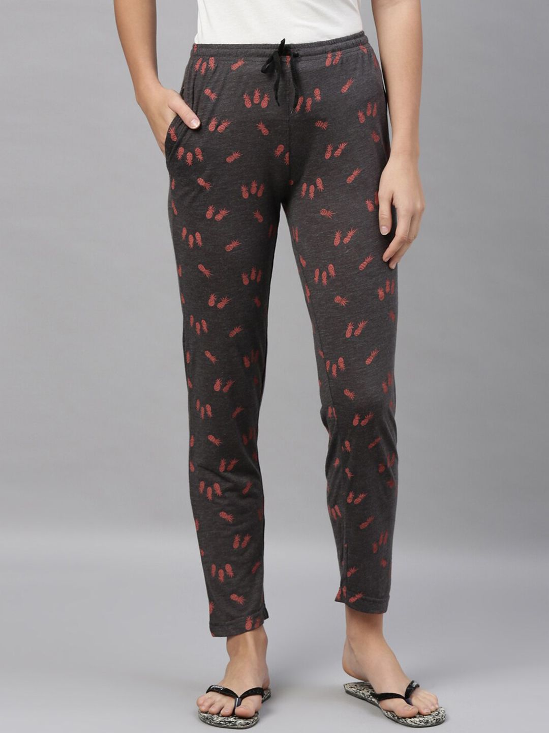 Kryptic Women Grey & Red Printed Pure Cotton Lounge Pants Price in India