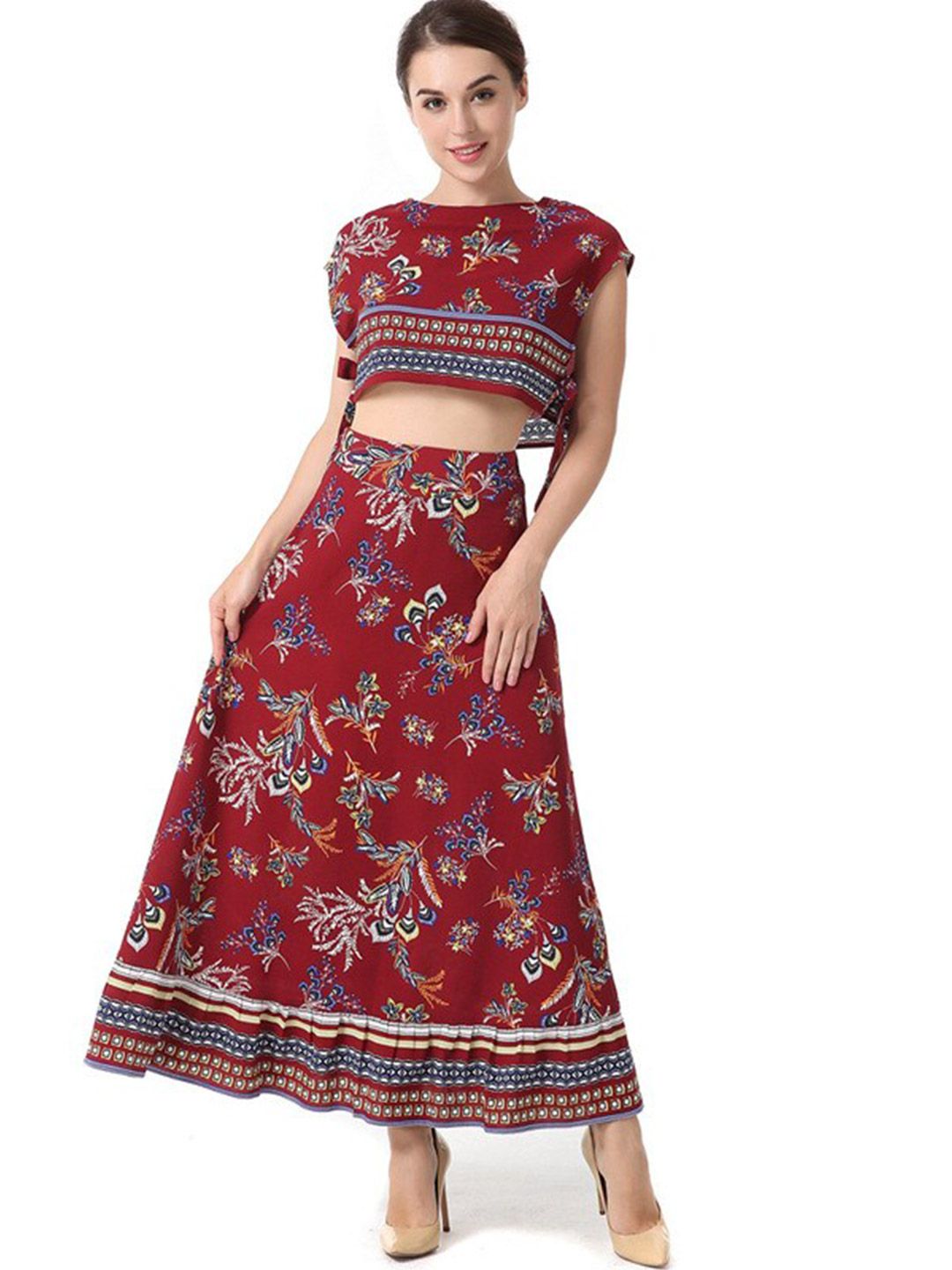 BoStreet Women Red Printed Top with Skirt Price in India