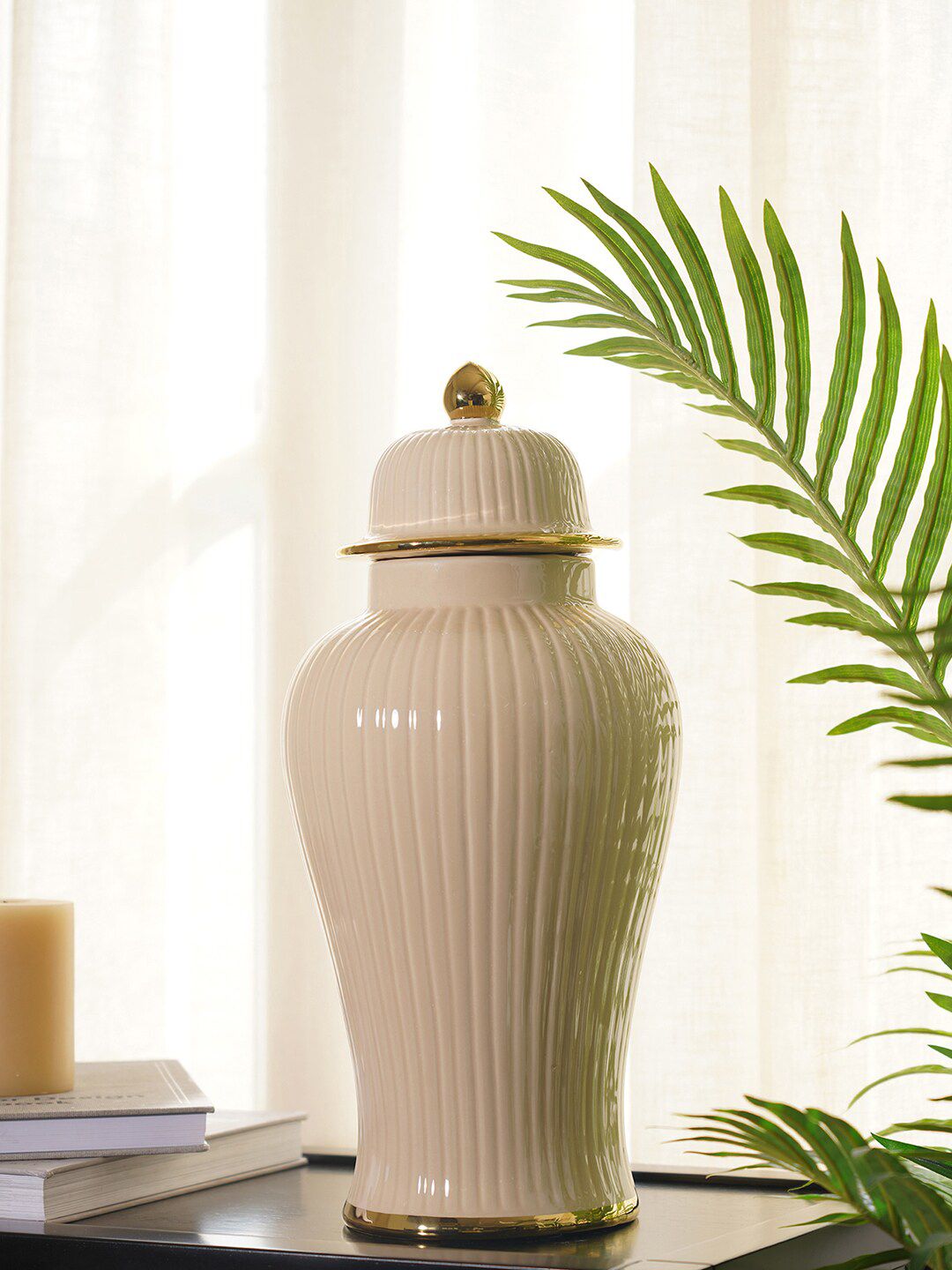 Pure Home and Living Beige Textured Large Urn Price in India