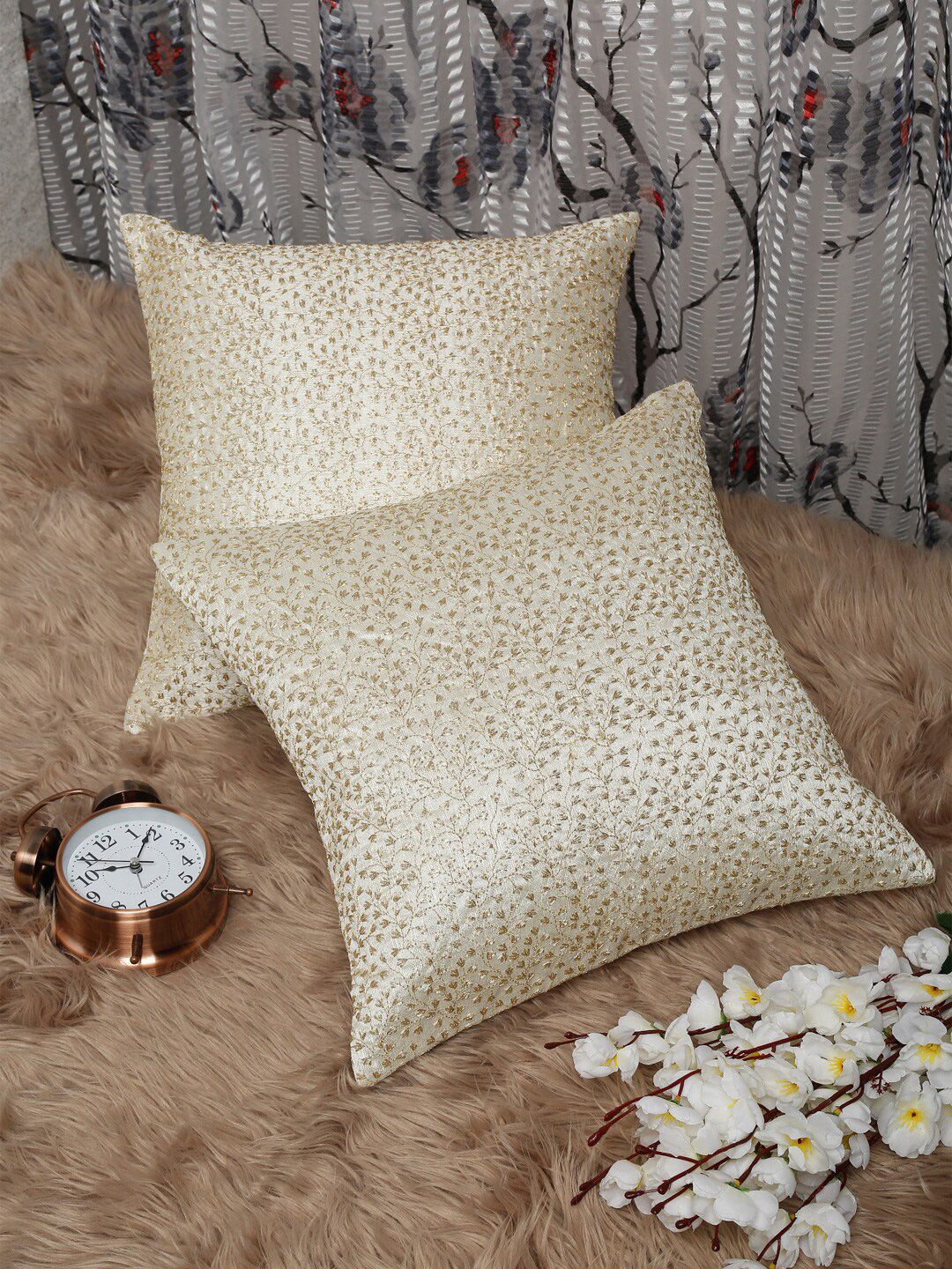 HOSTA HOMES Beige Set of 2 Embroidered Square Cushion Covers Price in India