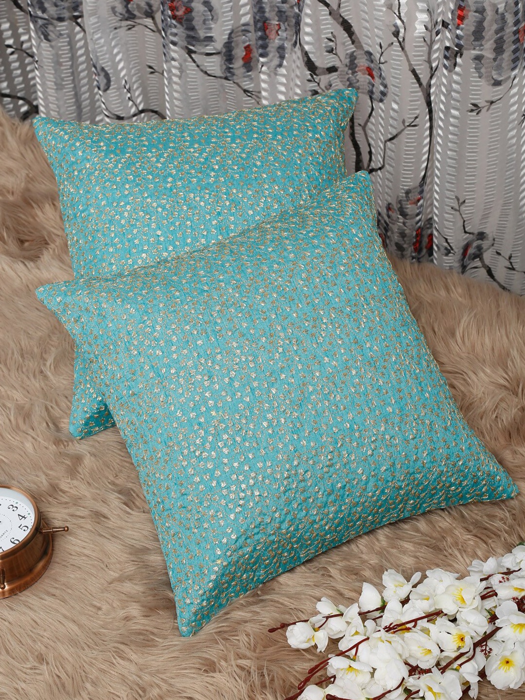 HOSTA HOMES Turquoise Blue & Gold-Toned Set of 2 Embroidered Square Cushion Covers Price in India