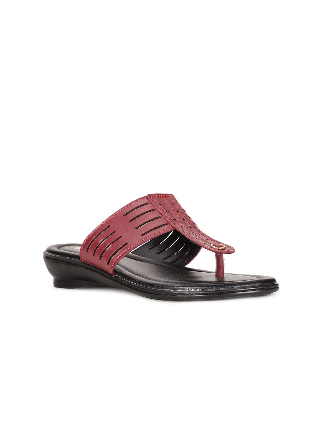 Bata Women Maroon Striped T-Strap Flats with Laser Cuts Price in India