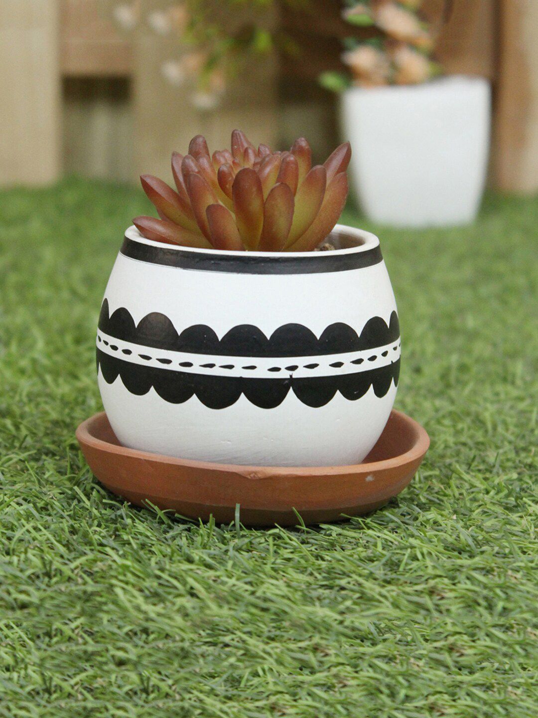 Wonderland White & Black Printed Round Shape Terracotta Pot Price in India