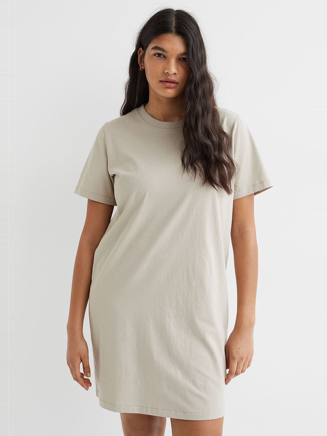 H&M Beige Solid Pure Cotton T-shirt Dress Price in India