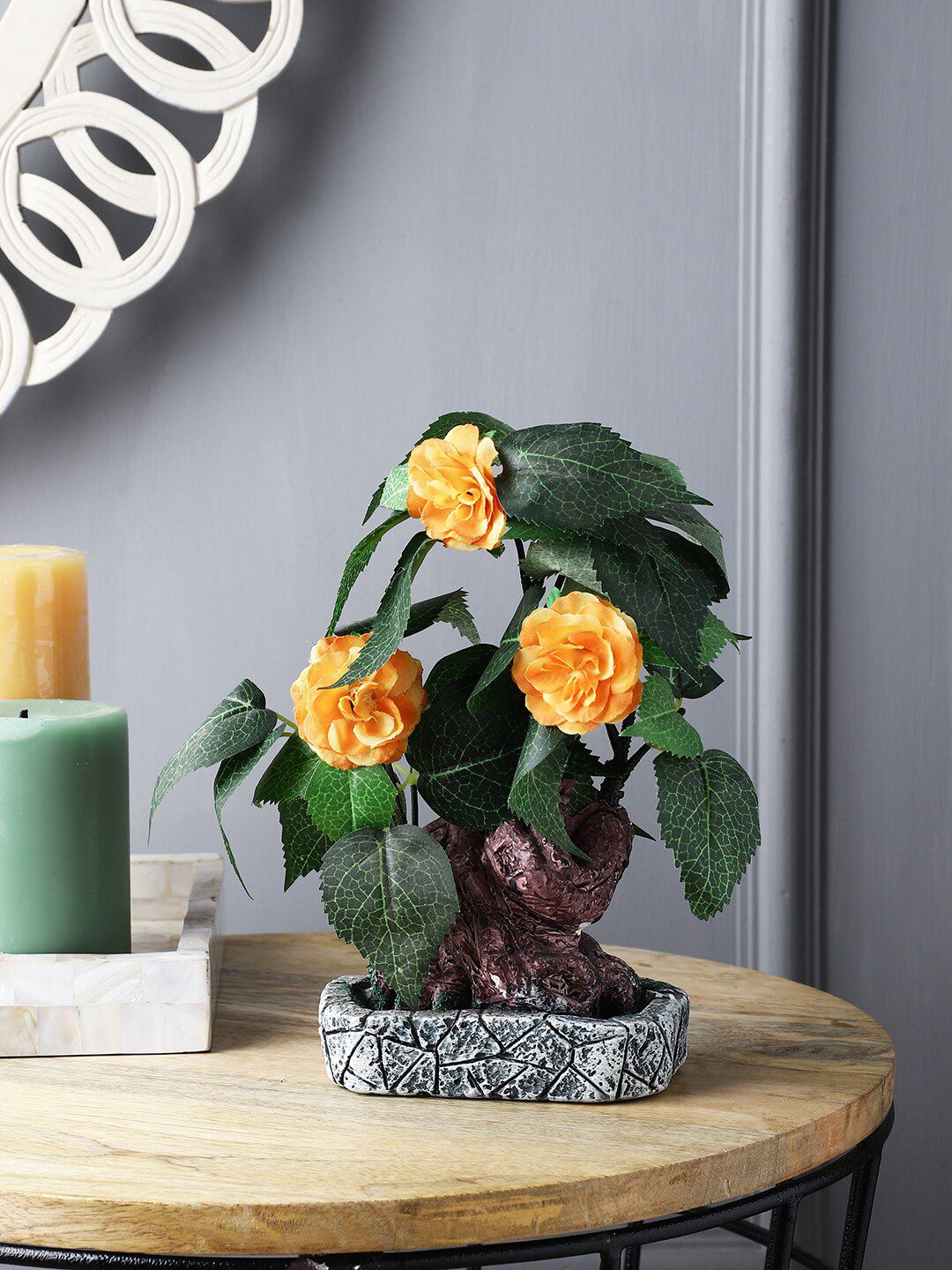 FOLIYAJ Green & Orange Artificial Grey Oval Stone Base Bonsai Flowers With Pot Price in India