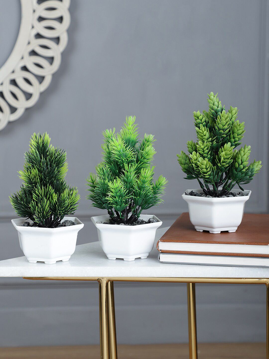 FOLIYAJ Set Of 3 Green & White Artificial Bonsai Plant With Pot Price in India