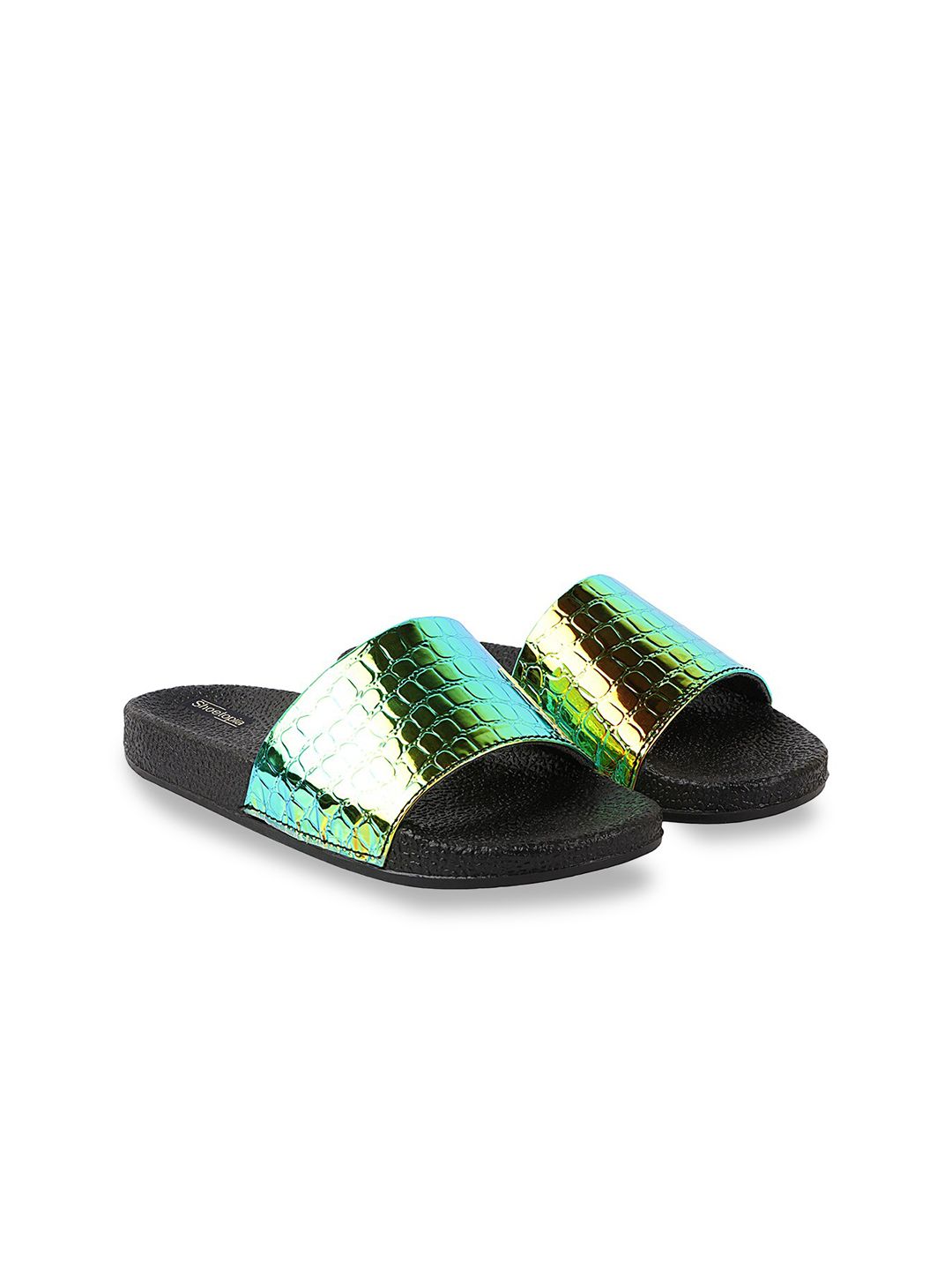 Shoetopia Women Black & Green Sliders Price in India