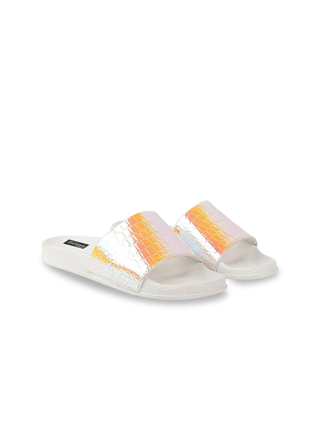 Shoetopia Women White & Yellow Printed Sliders Price in India