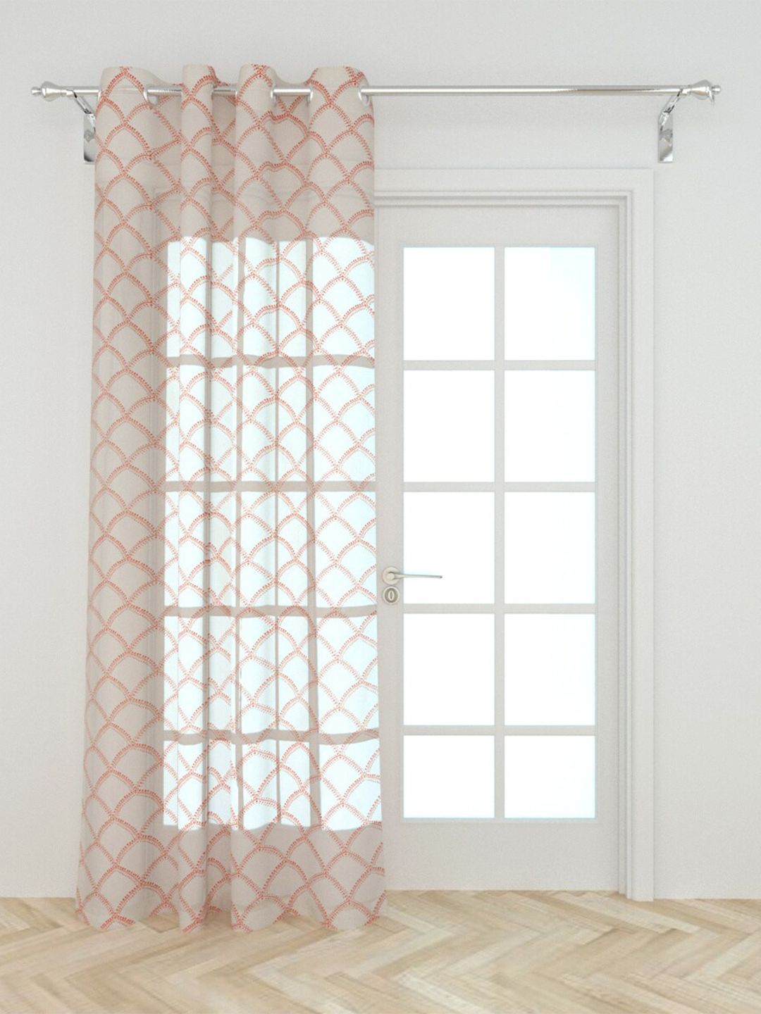 Home Centre Off White & Red Geometric Sheer Window Curtain Price in India