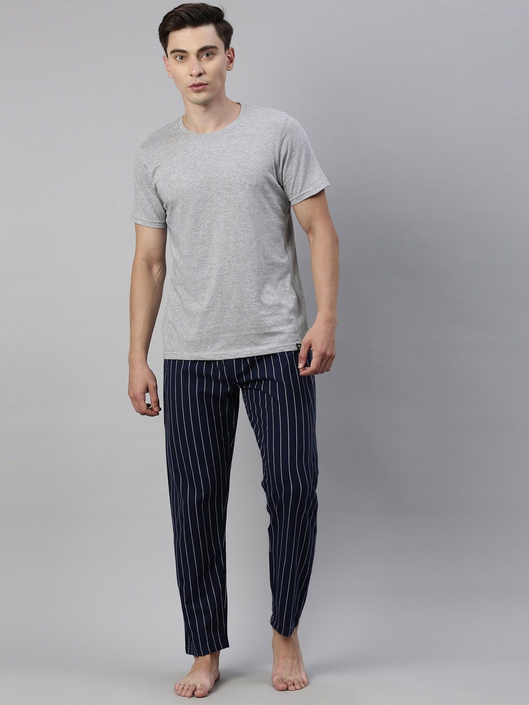 Joven Men Grey & Navy Blue Striped Cotton Night suit