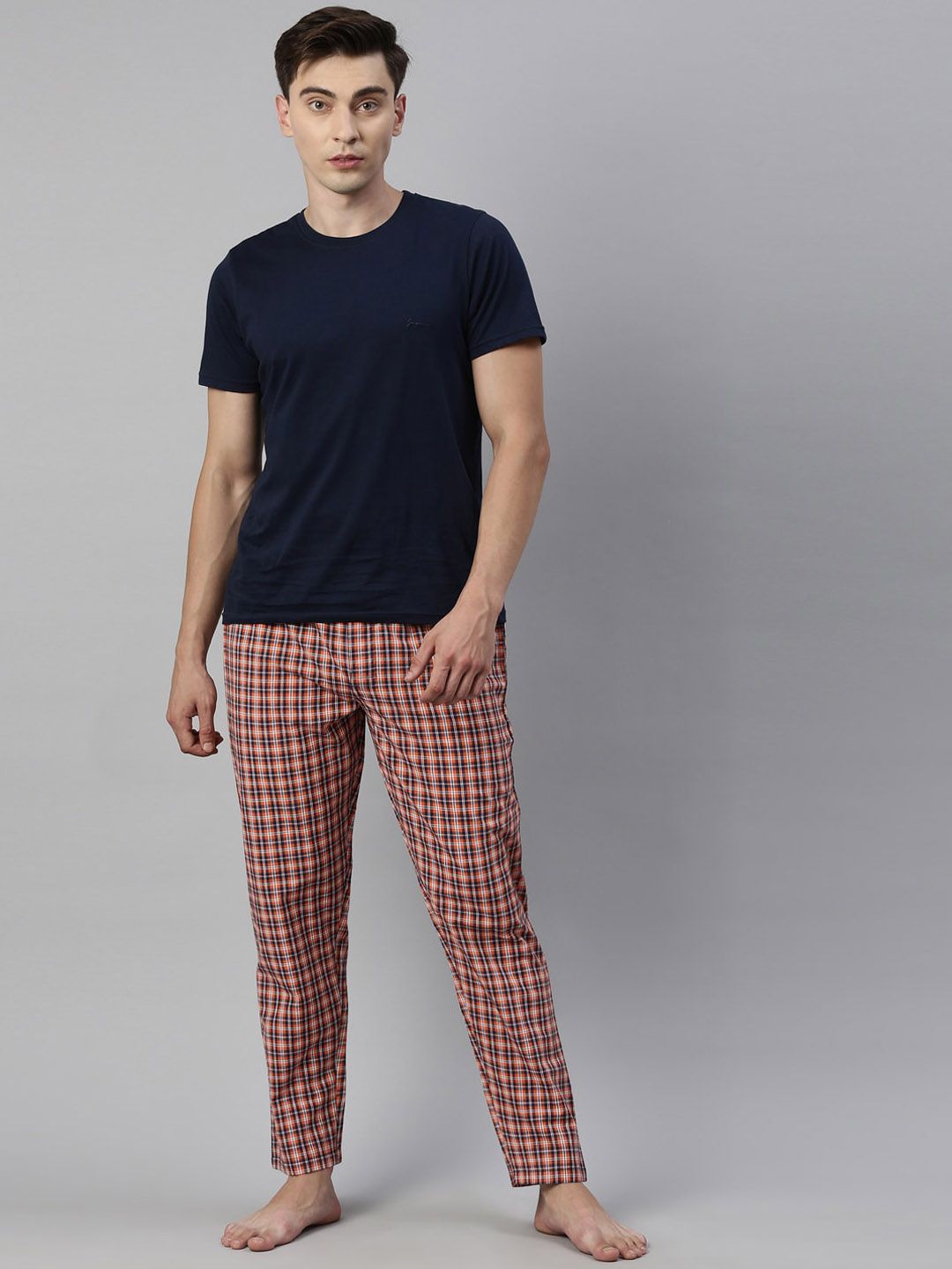 Joven Men Navy Blue & Orange Pure Cotton Night suit