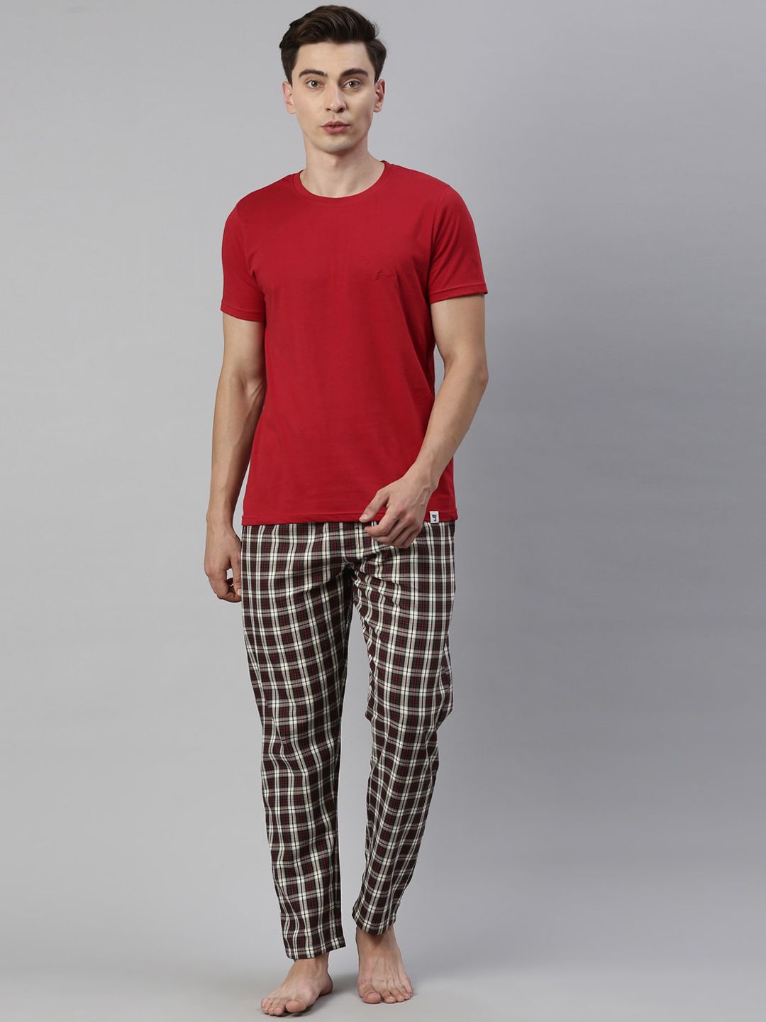 Joven Men Red & Green Checked Pure Cotton Night suit