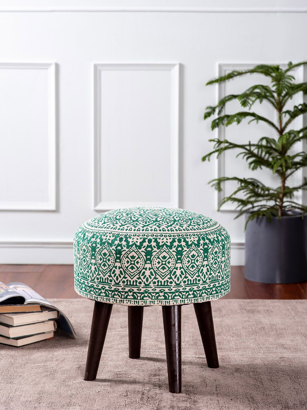 nestroots Green & White Tufted Round 4-Legged Ottomans Price in India