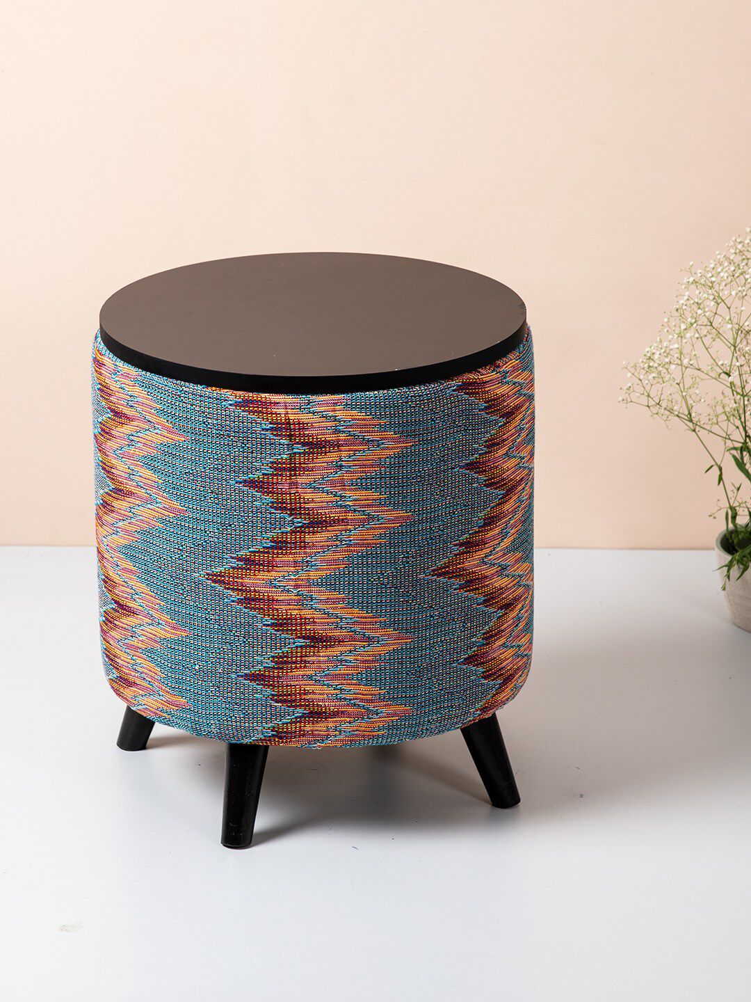 Nestroots Blue & Red Printed Wood Ottoman Price in India