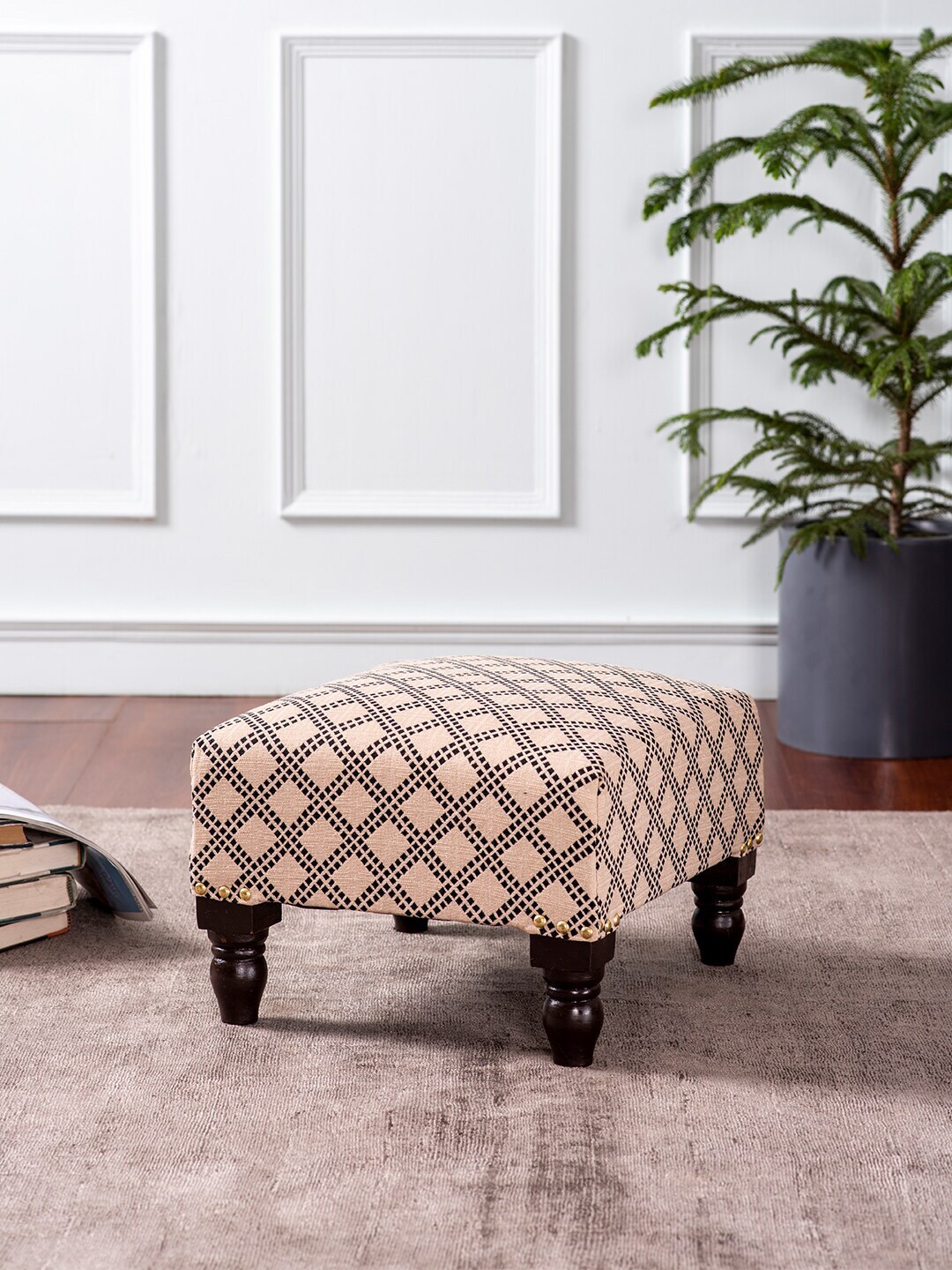 nestroots Set of 2 Beige & Brown Printed Wooden Ottomans Price in India