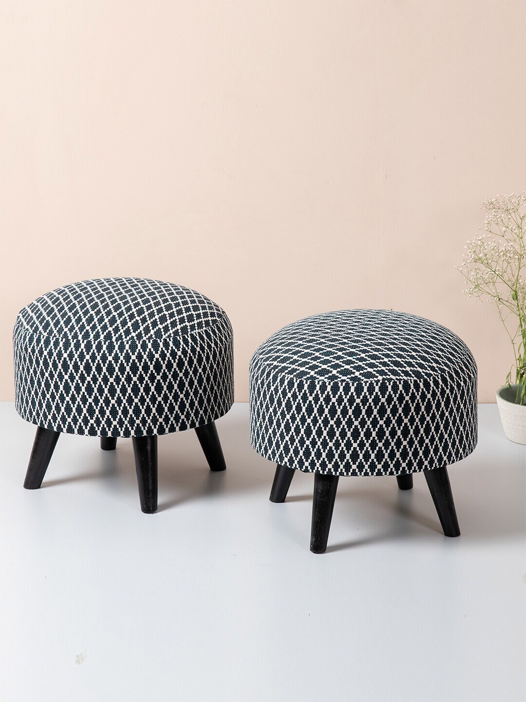 nestroots Set Of 2 Black & White Printed Ottomans Price in India