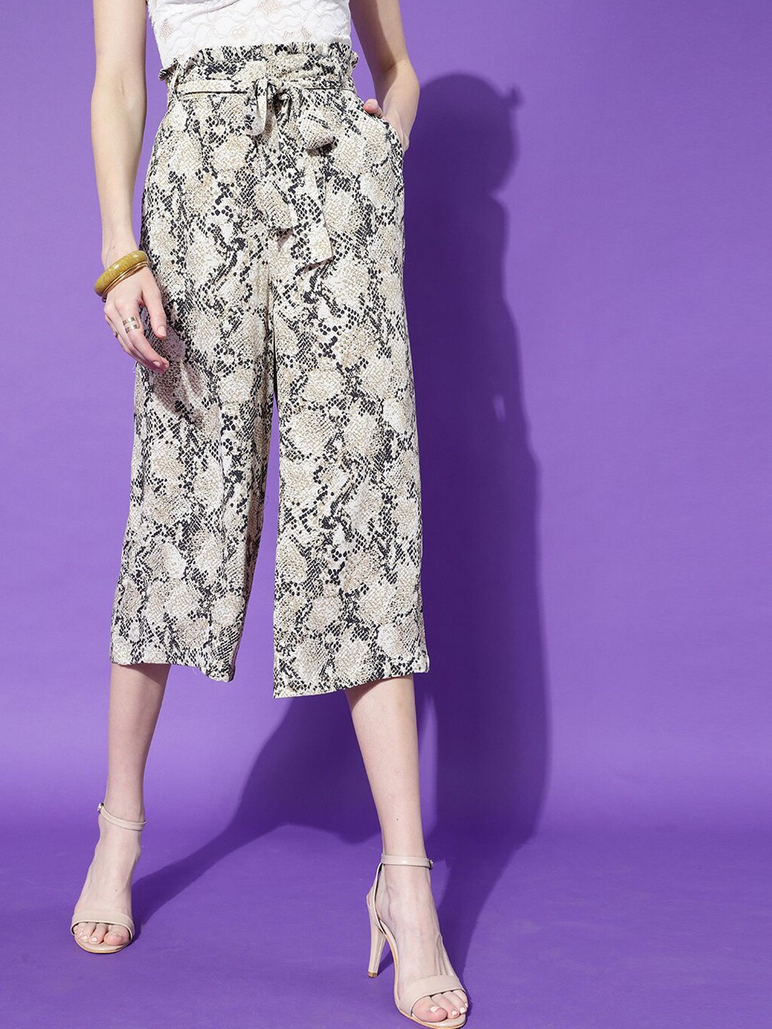 STREET 9 Women Off-White & Beige Animal Printed Relaxed Straight Leg Culottes Price in India