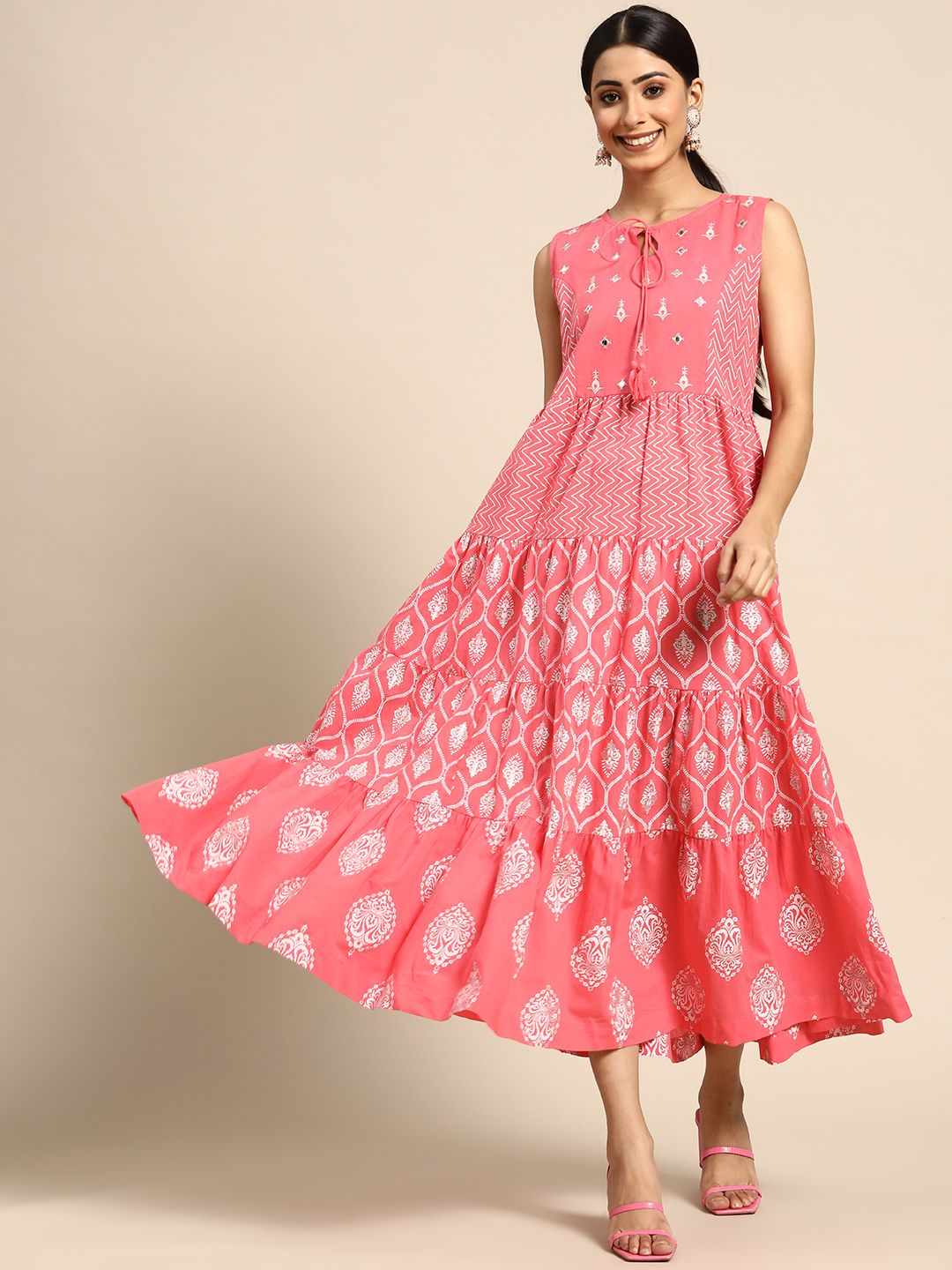 Sangria Coral Pink & White Ethnic Motifs Printed Tie-Up Neck A-Line Midi Pure Cotton Dress Price in India