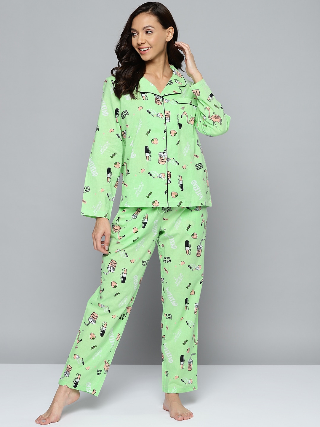 HERE&NOW Women Green & Black Printed Night suit Price in India