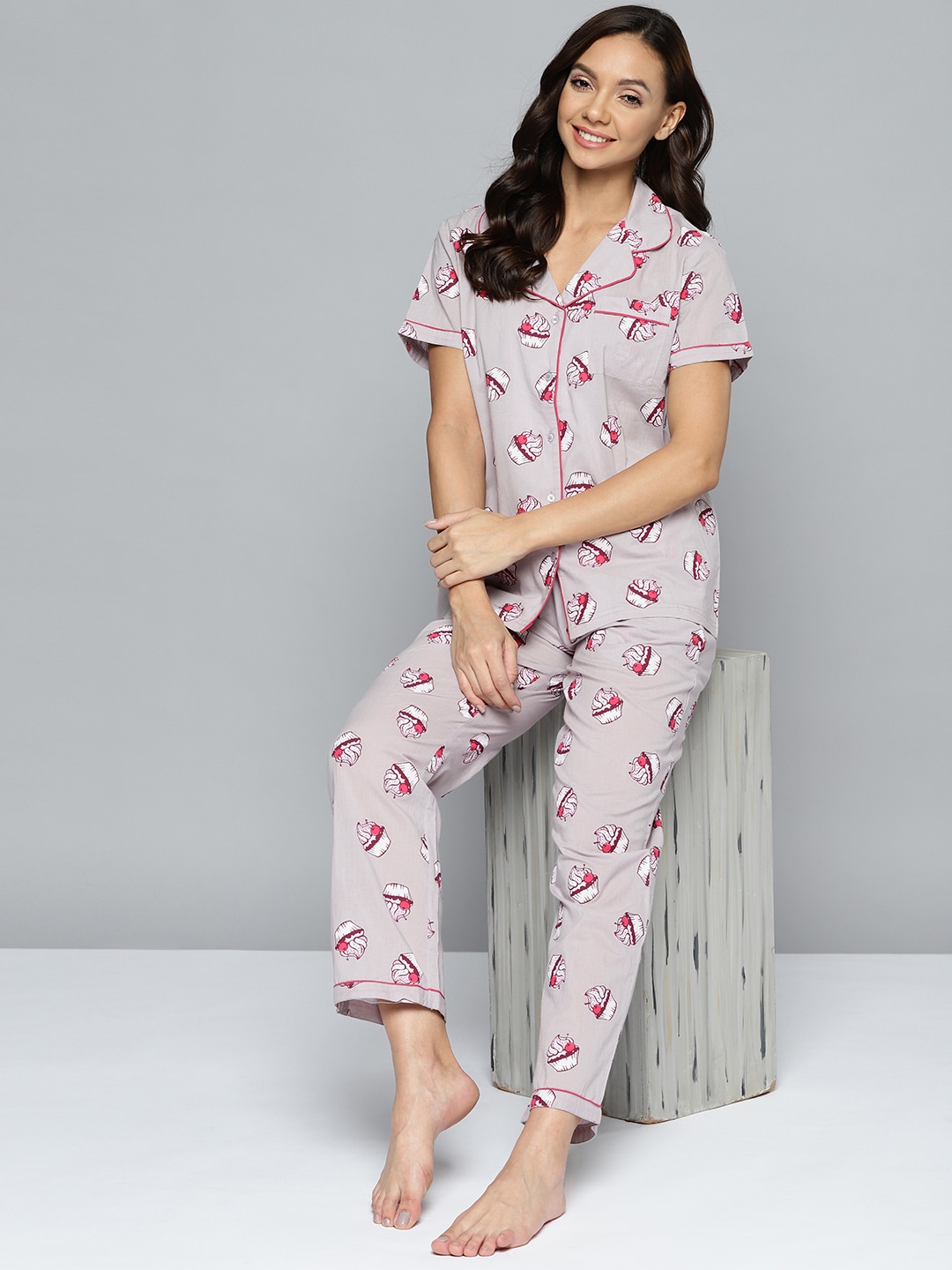HERE&NOW Women Grey & Pink Printed Night suit Price in India