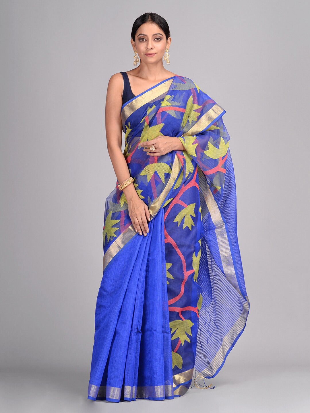 Mitera Blue & Green Woven Design Pure Silk Saree Price in India