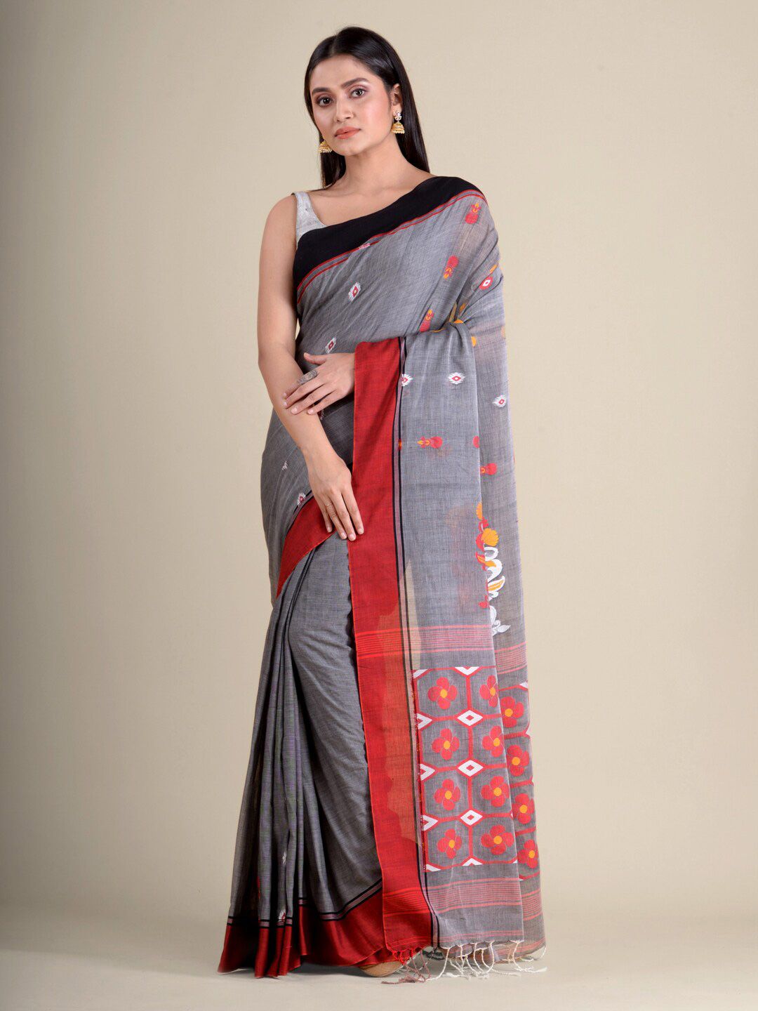 Mitera Grey & Red Ethnic Motifs Pure Cotton Saree Price in India