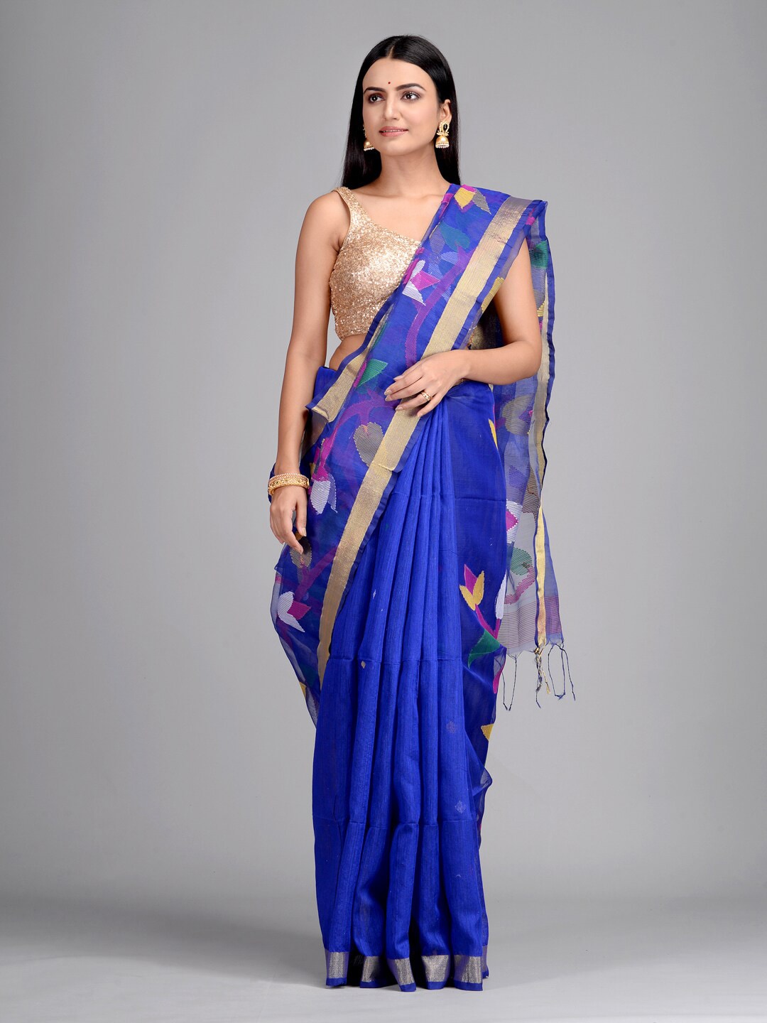 Mitera Blue & Pink Woven Design Zari Pure Silk Saree Price in India