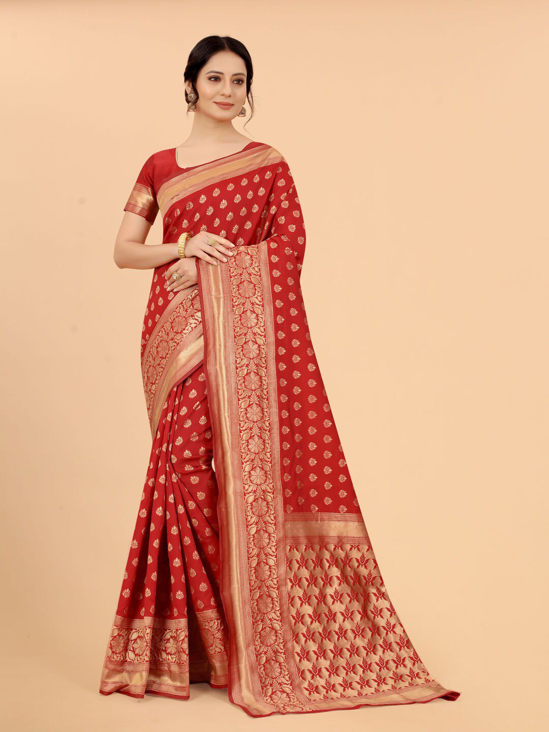 SATYAM WEAVES Red & Gold-Toned Ethnic Motifs Zari Silk Cotton Banarasi Saree