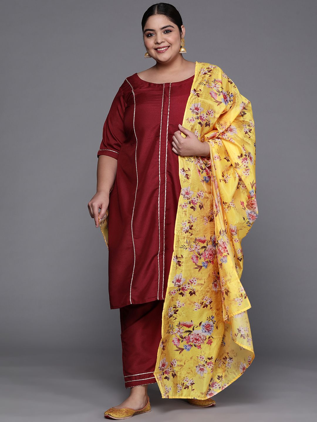 INDDUS PLUS Women Maroon Gotta Patti Kurta with Trousers & With Dupatta Price in India