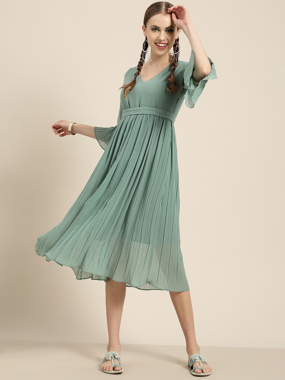 Sangria Women Sea Green Embellished Detail A-Line Dress Comes with a belt Price in India