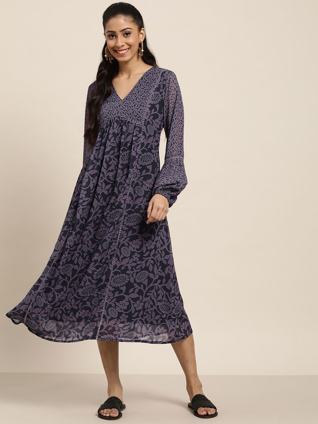 Sangria Women Navy Blue & Lavender Ethnic Motifs Printed Georgette A-Line Midi Dress Price in India