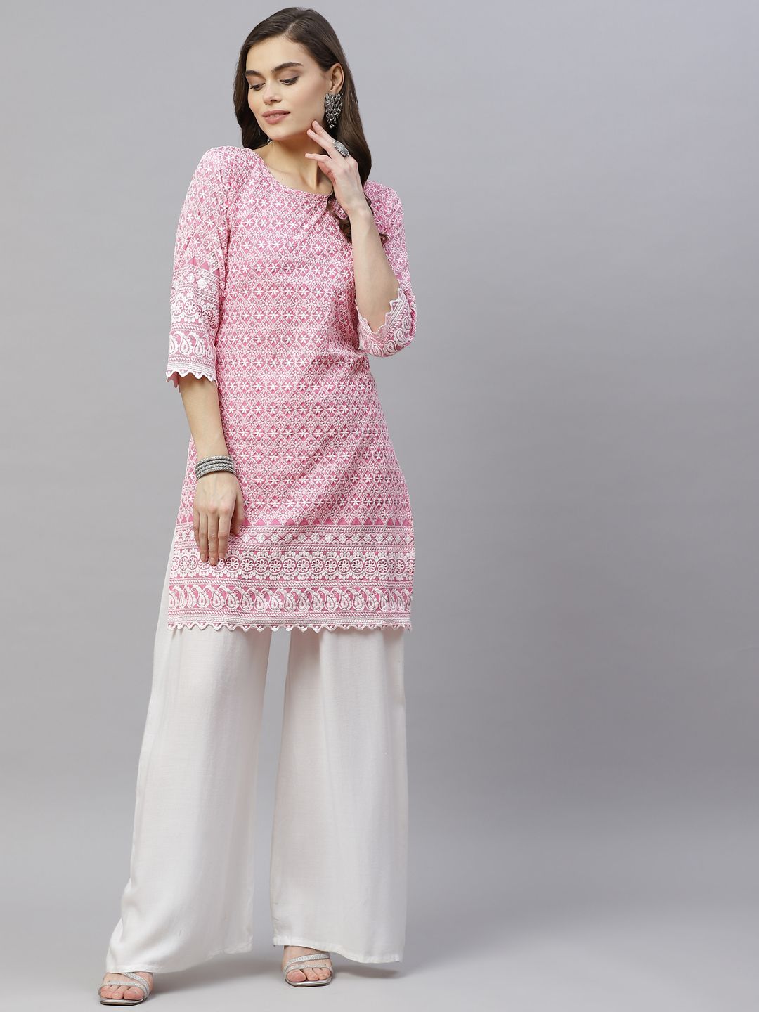 MIRAVAN Women Pink & White Ethnic Motifs Embroidered Chikankari Kurta Price in India