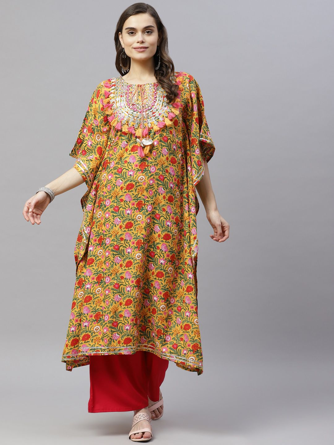 MIRAVAN Women Yellow & Pink Ethnic Motifs Printed Mirror Work Kaftan Kurta Price in India