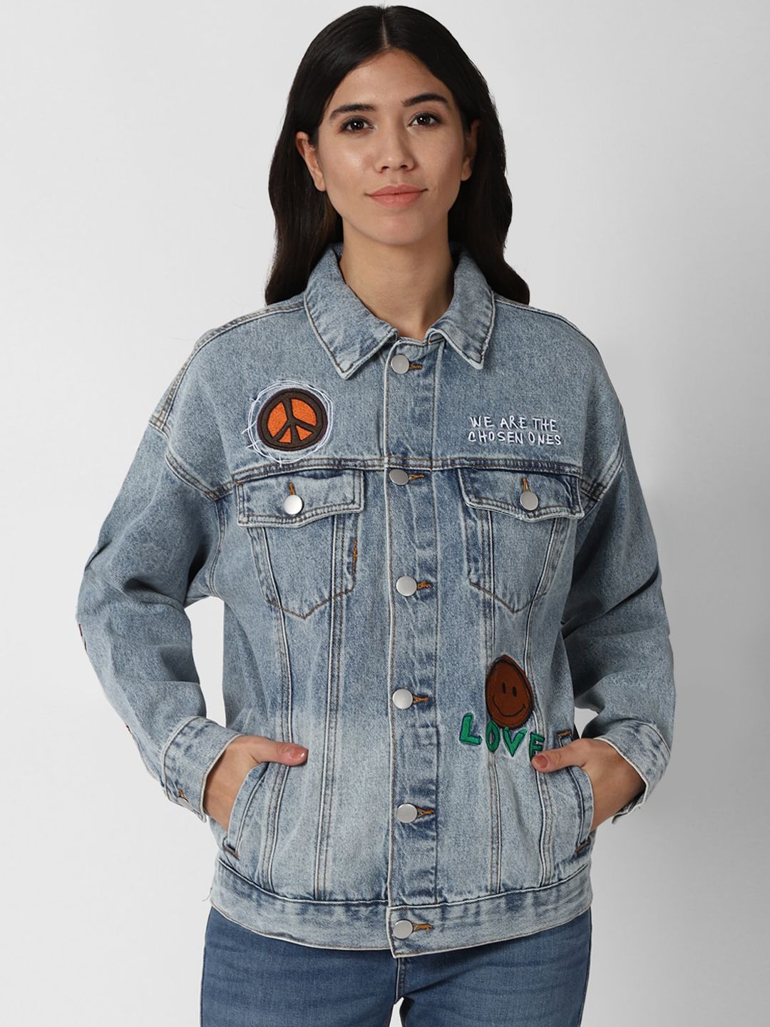 FOREVER 21 Women Blue Washed Cotton Denim Jacket Price in India