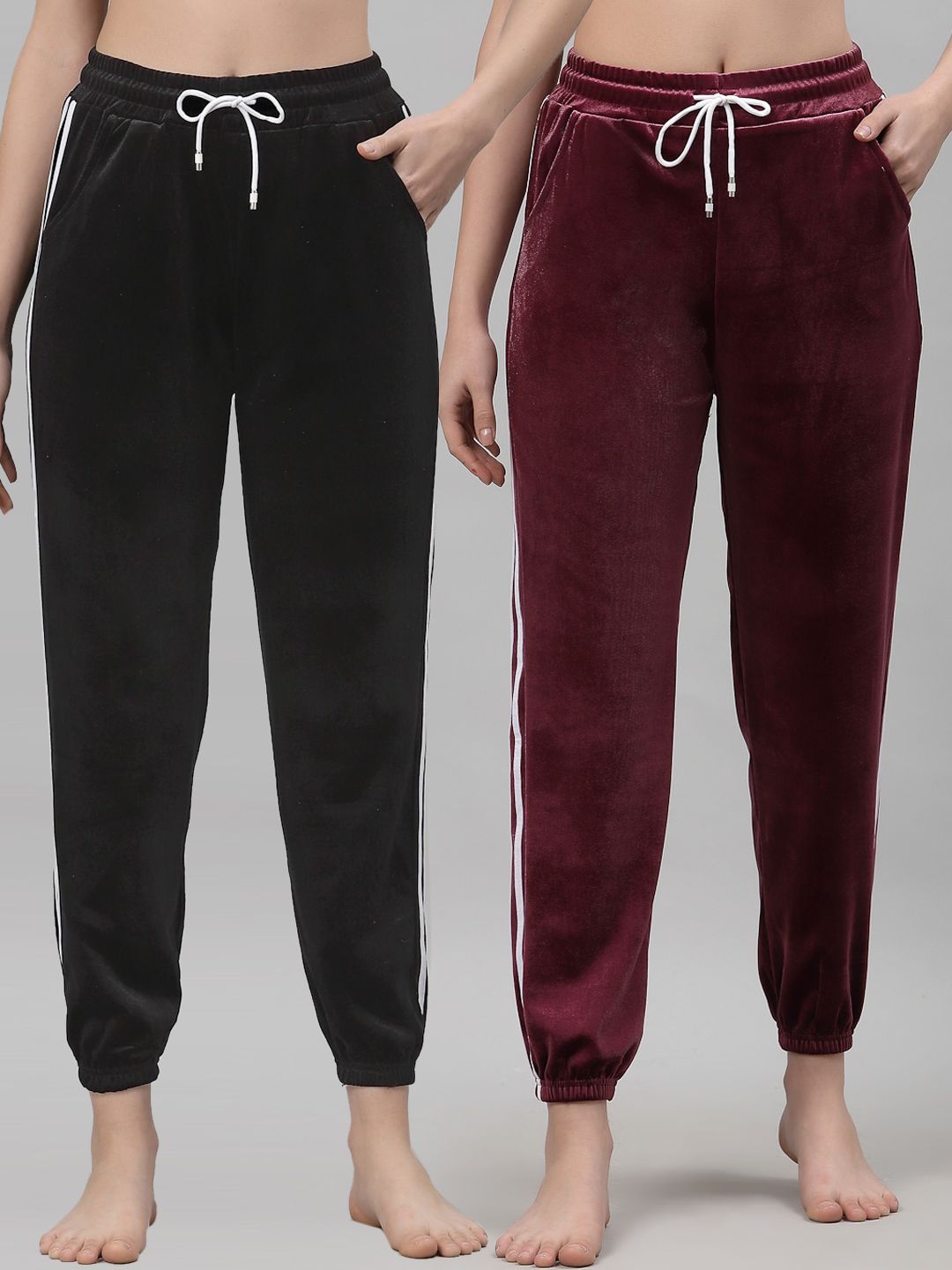 NEUDIS Women Pack of 2 Black and Maroon Solid Lounge Pants Price in India