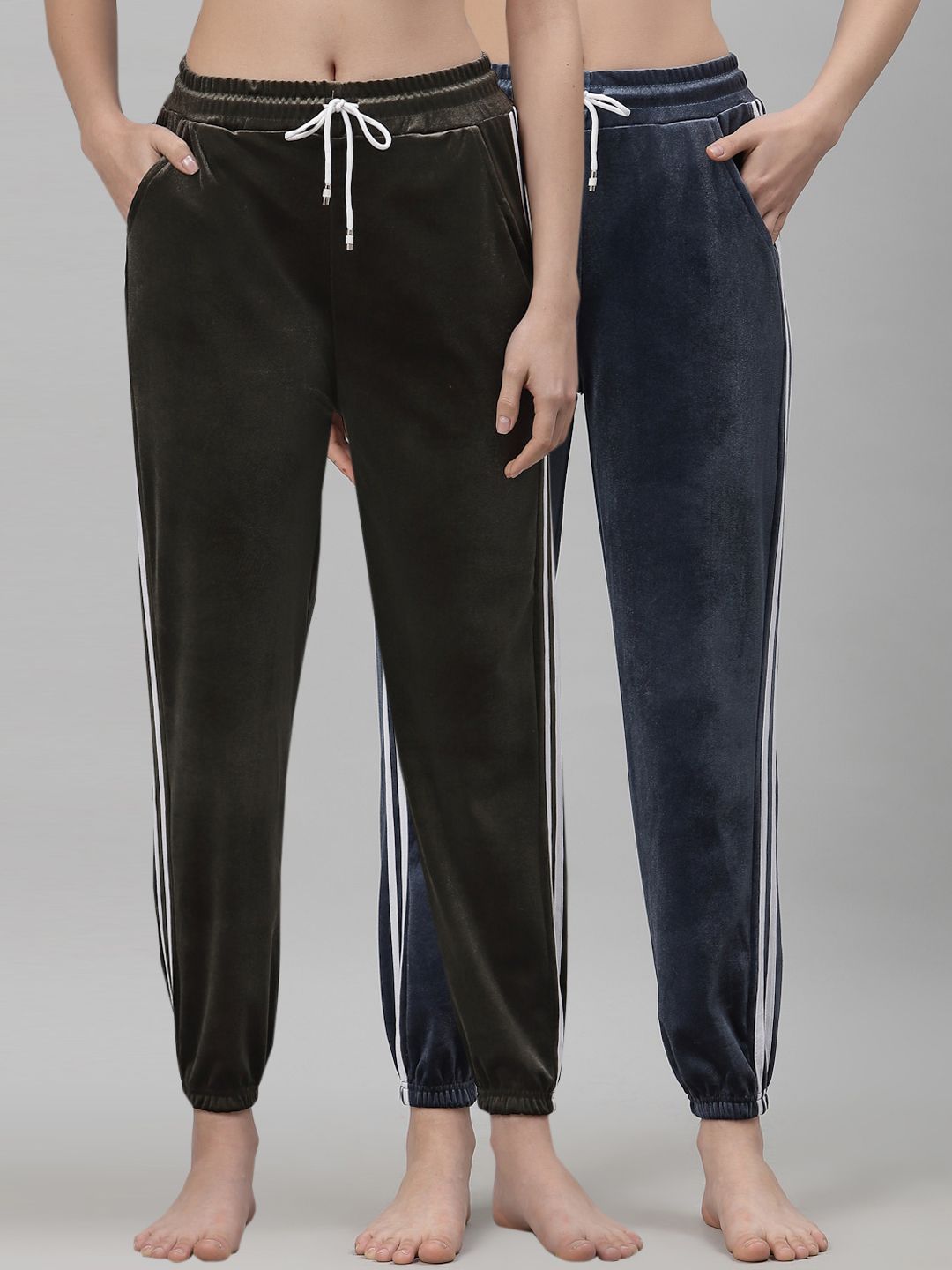 NEUDIS Women Blue & Olive Green Pack Of 2 Solid Lounge Pants Price in India