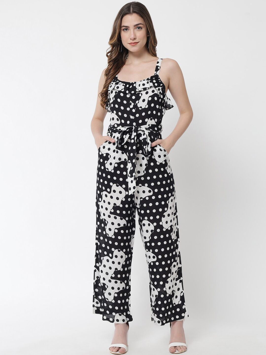 The Dry State Black & White Polka Dots Printed Cotton Basic Jumpsuit Price in India