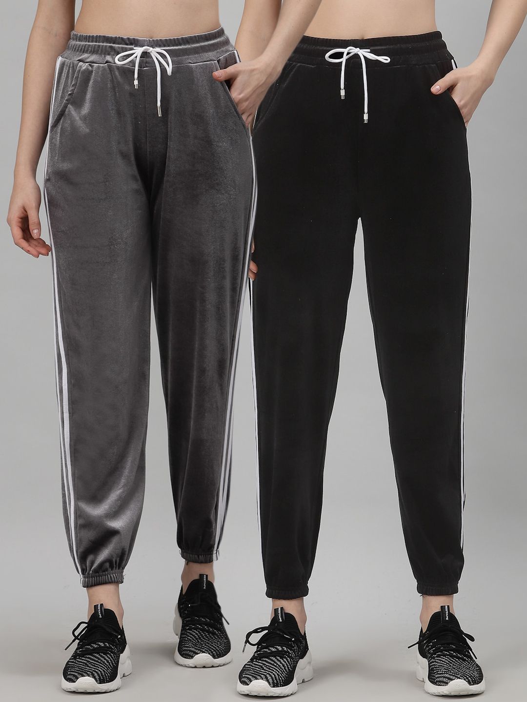 NEUDIS Pack of 2 Black & Grey Regular Fit Solid Velvet Joggers Price in India