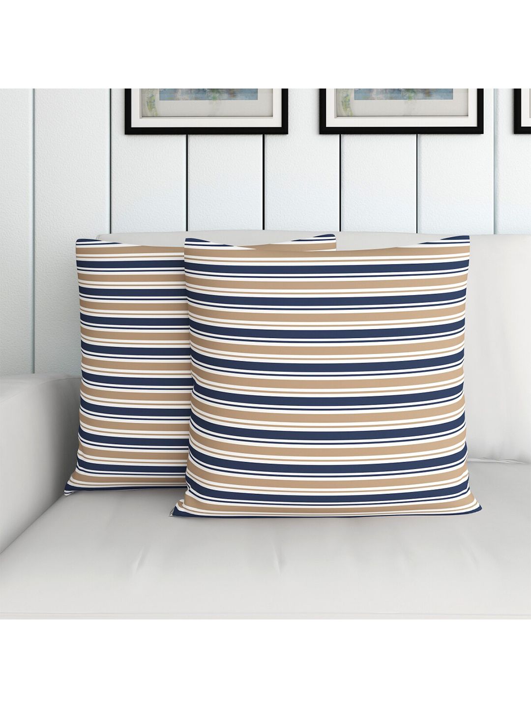 Home Centre Set of 2 Beige & Blue Striped Cotton Square Cushion Covers Price in India