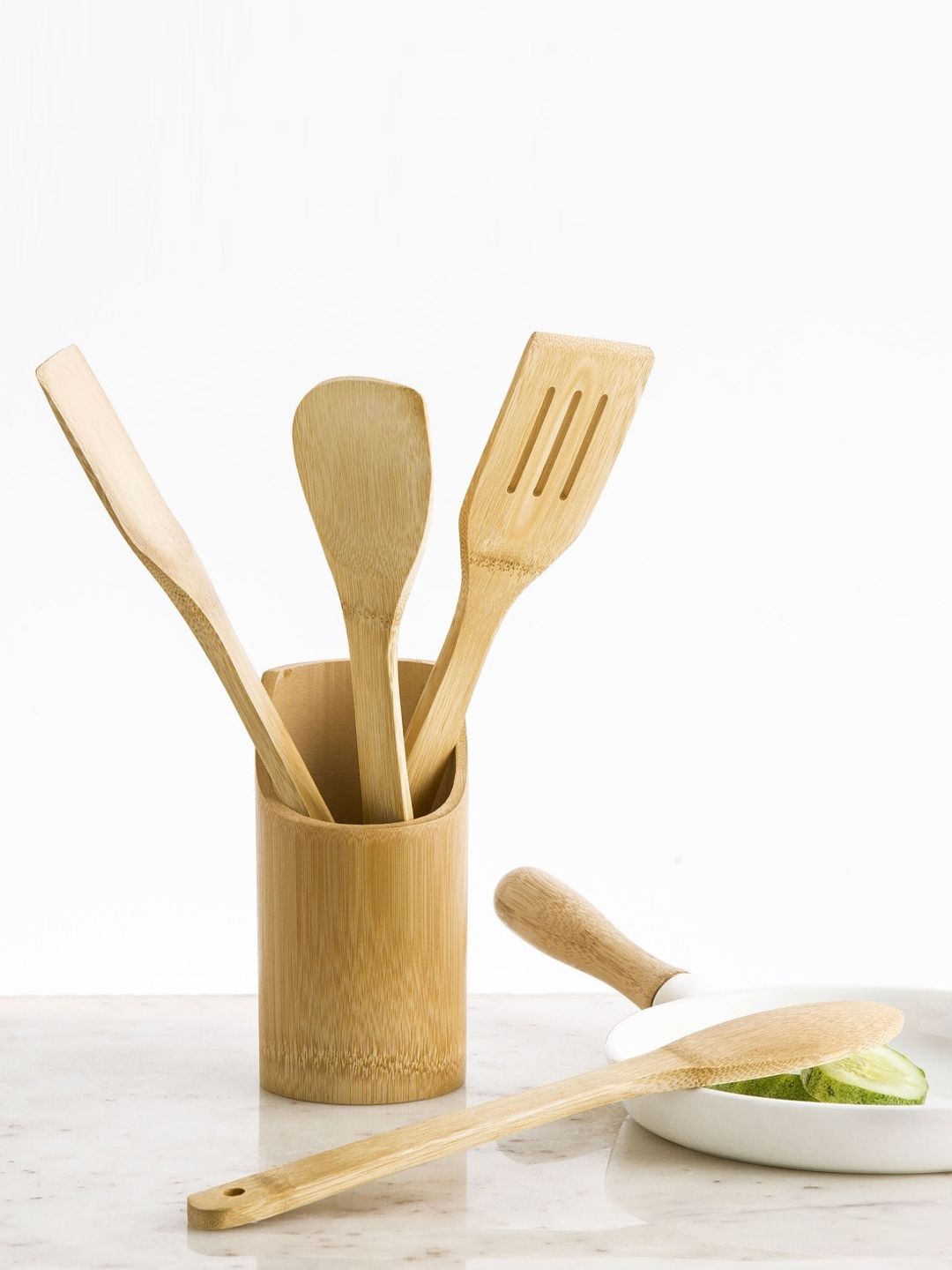 Home Centre Bamboo Set of 4 Brown Solid Spatula & Utensil Holder Price in India