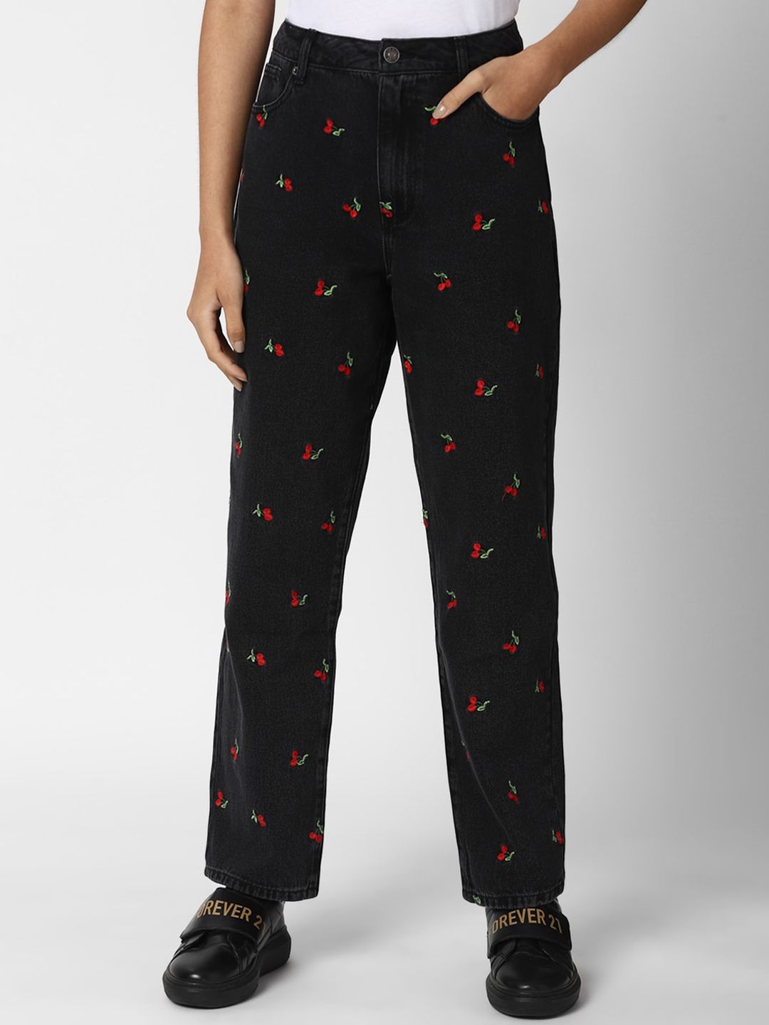 FOREVER 21 Women Black Printed Mid-Rise Jeans Price in India