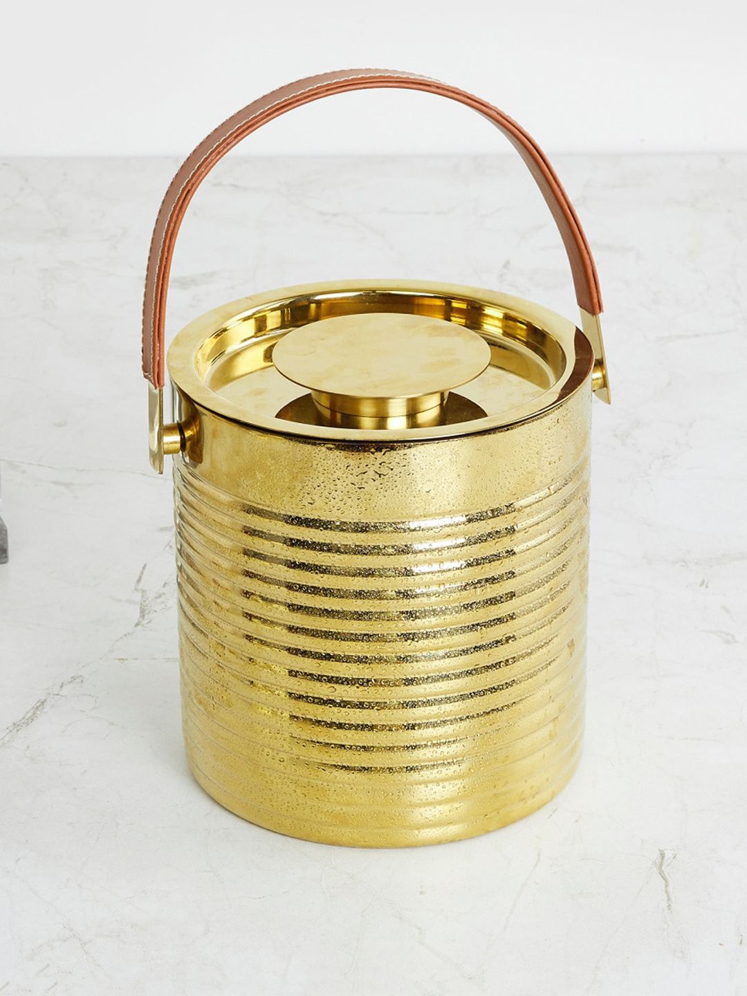 Home Centre Gold-Toned Stainless Steel Ribbed Leatherette Handle Ice Bucket - 2.3L Price in India