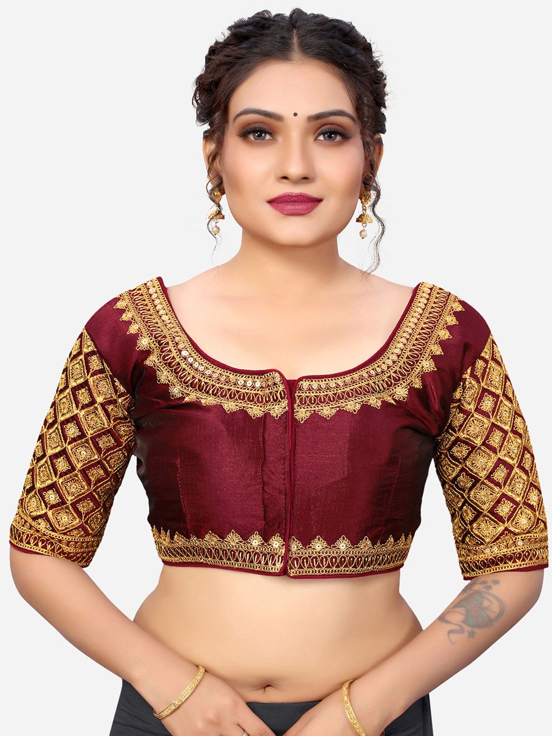 SIRIL Women Maroon Embroidered Silk Saree Blouse Price in India