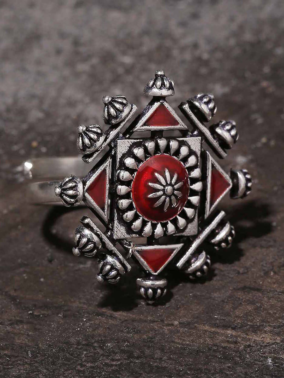 Studio Voylla Oxidised Silver-Plated & Red Moksha Mythology Inspired Adjustable Finger Rings Price in India